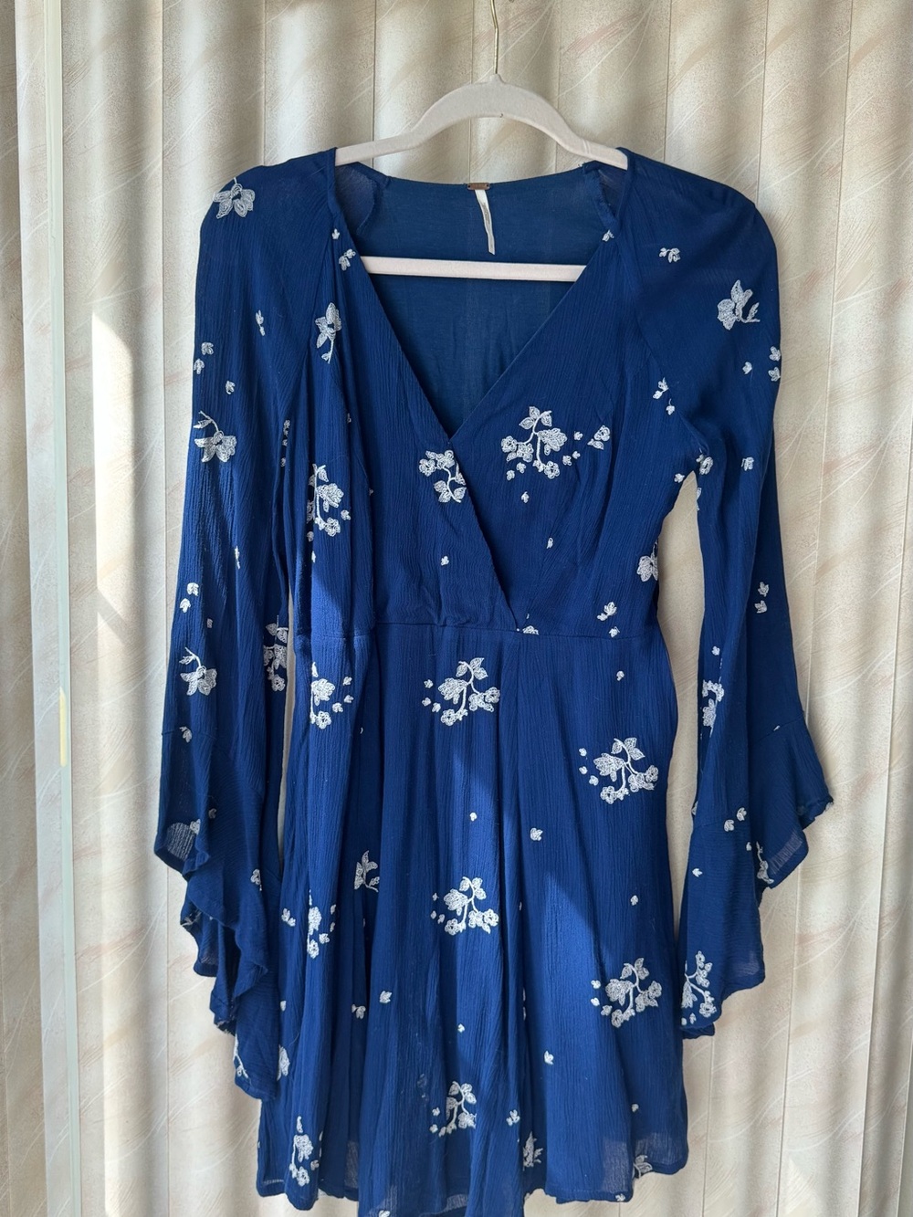 Free People Navy Floral Wrap Mini Dress with Bell Sleeves - Picture 2 of 5